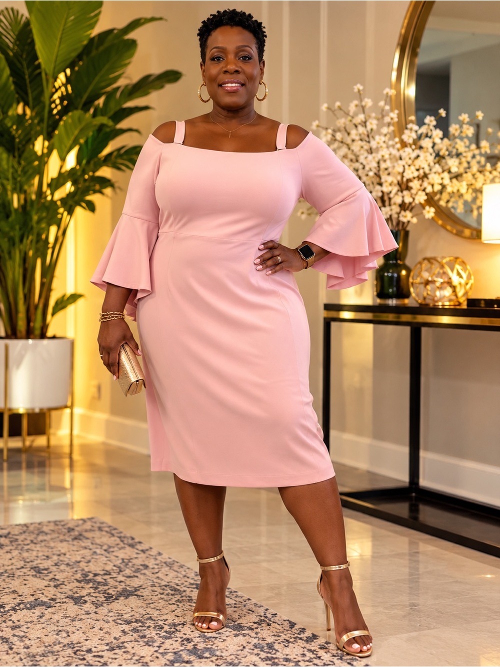 R&M Richards Blush Pink Cold-Shoulder Midi Dress with Ruffle Sleeves